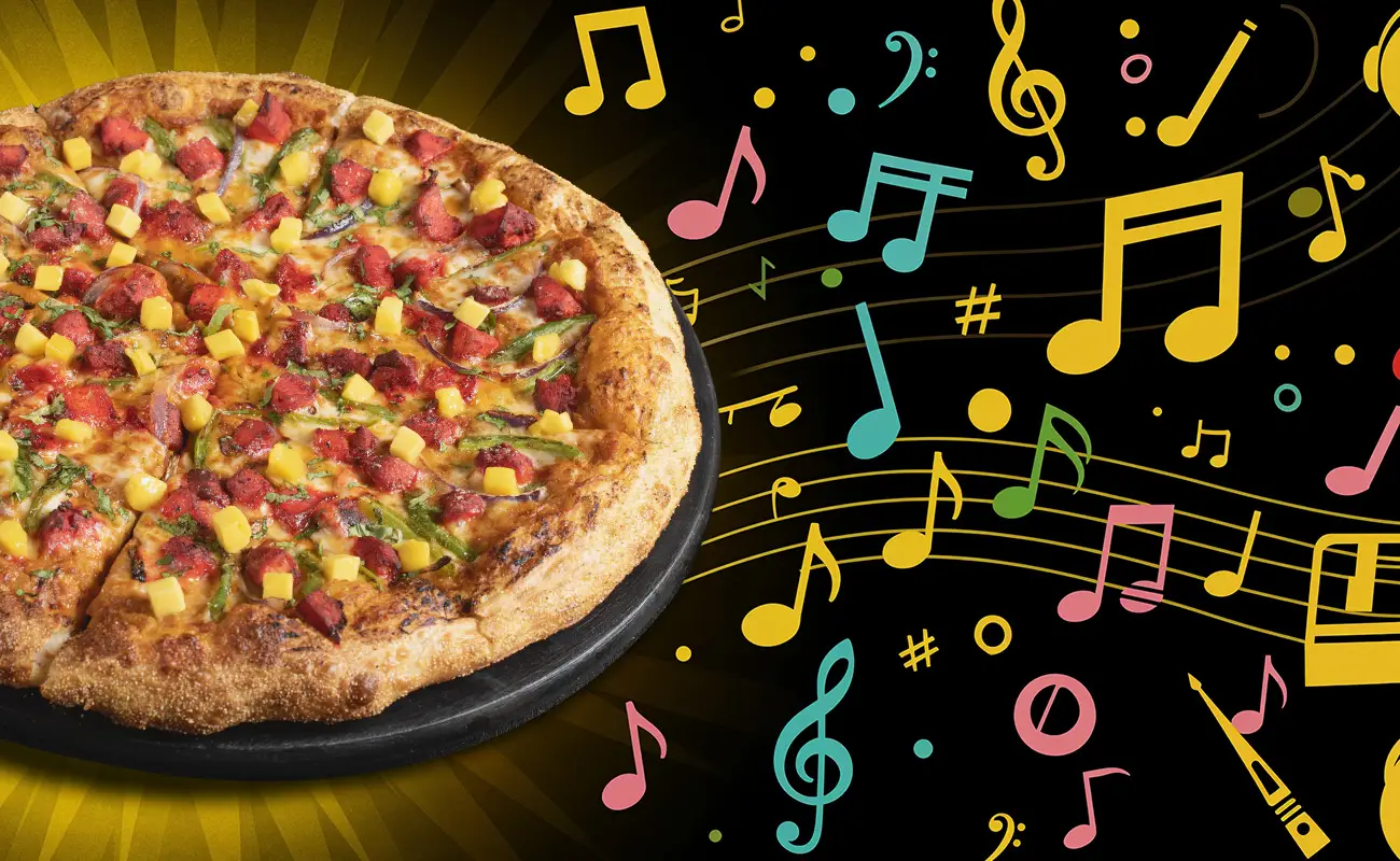 A colorful vegetable pizza on a tray with vibrant musical notes and symbols in the background, representing a fun and lively atmosphere.
